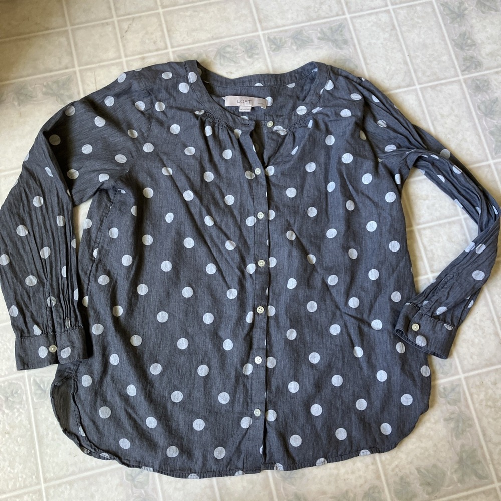 LOFT Gray Polka Dot Button Front Blouse Medium Petite Modest Loose Retro Cotton